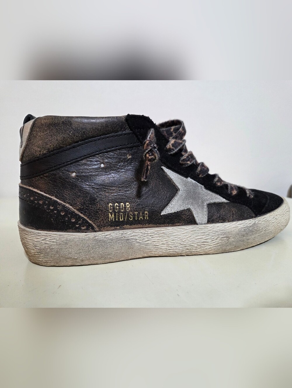 Golden Goose Women's MidStar Classic Black High-Top Sneakers With Cheetah Laces - Picture 7 of 11